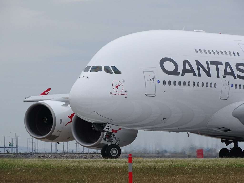 Qantas Airbus A380-800 lining up for departure from Melbourne Airport