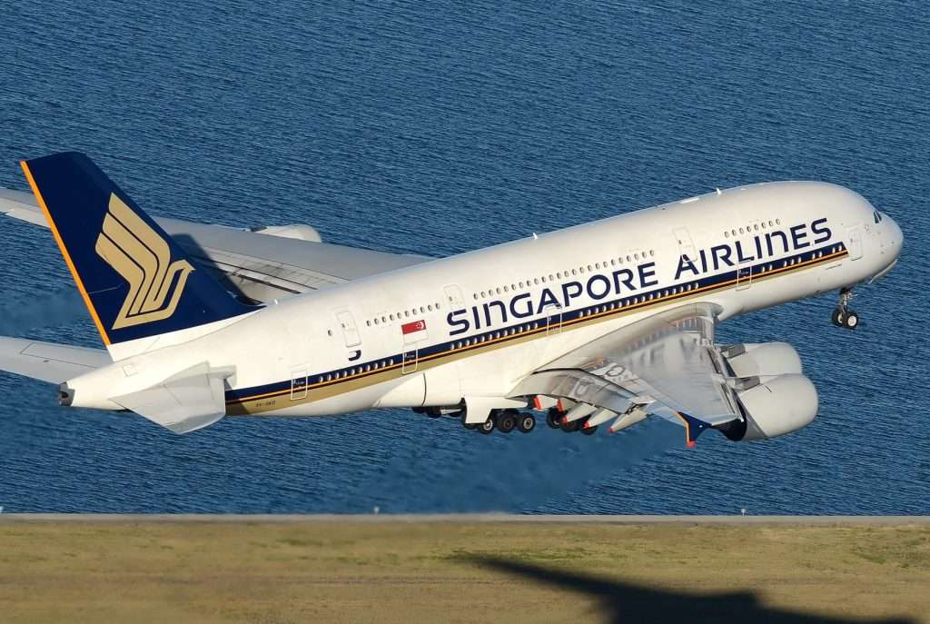 Singapore Airlines Airbus A380 (9V-SKD) operating as SQ222 taking off in a southerly direction on Runway 16R at Sydney's Kingsford Smith Airport.