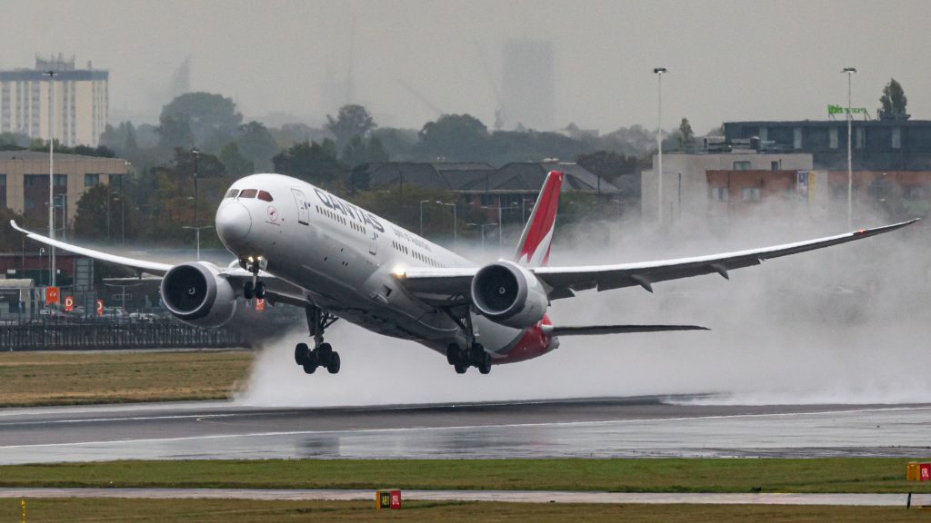 Boeing 787-9 Qantas taking off from London Heathrow for a long flight to Perth.