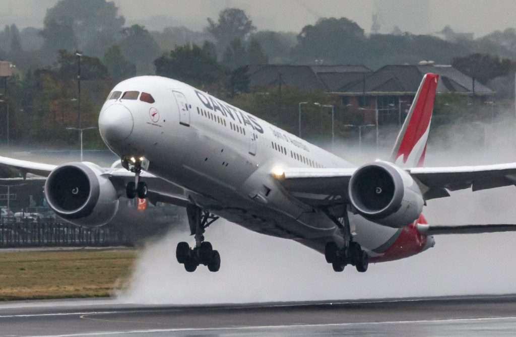 Boeing 787-9 Qantas taking off from London Heathrow for a long flight to Perth.