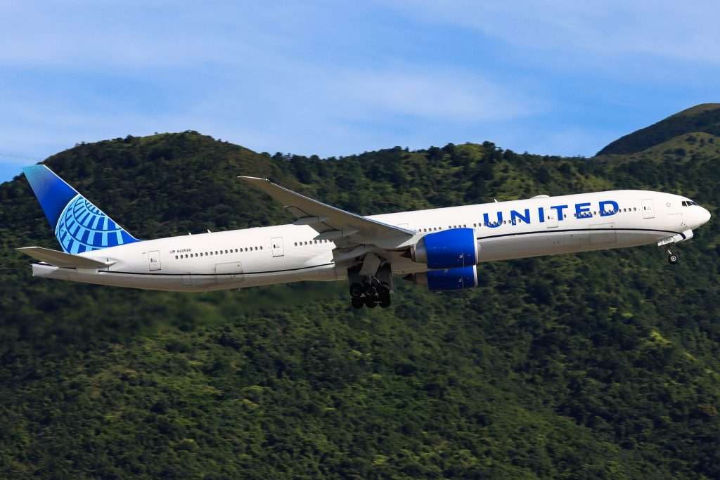 A United Airlines Boeing 777-300ER seen at Hong Kong Airport, registered as N2250U