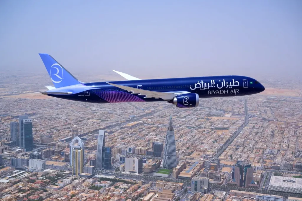A Riyadh Air Boeing 787 Dreamliner flying over Riyadh 