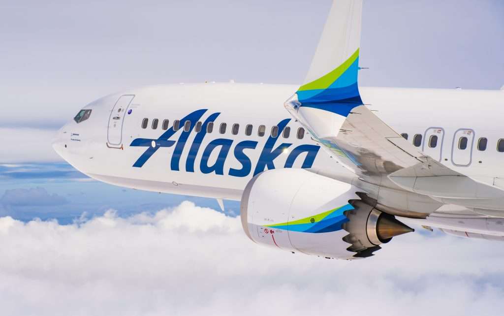An Alaska Airlines Boeing 737 MAX in an air to air photoshoot