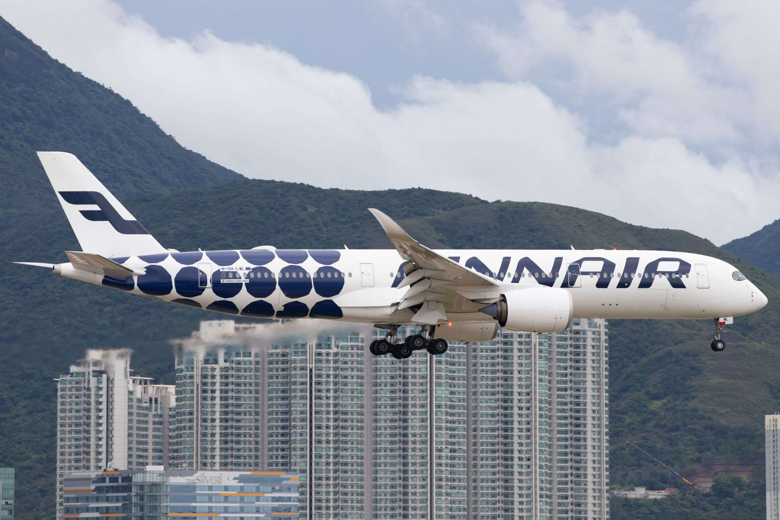 A Finnair Airbus A350-900 arriving into Hong Kong International Airport