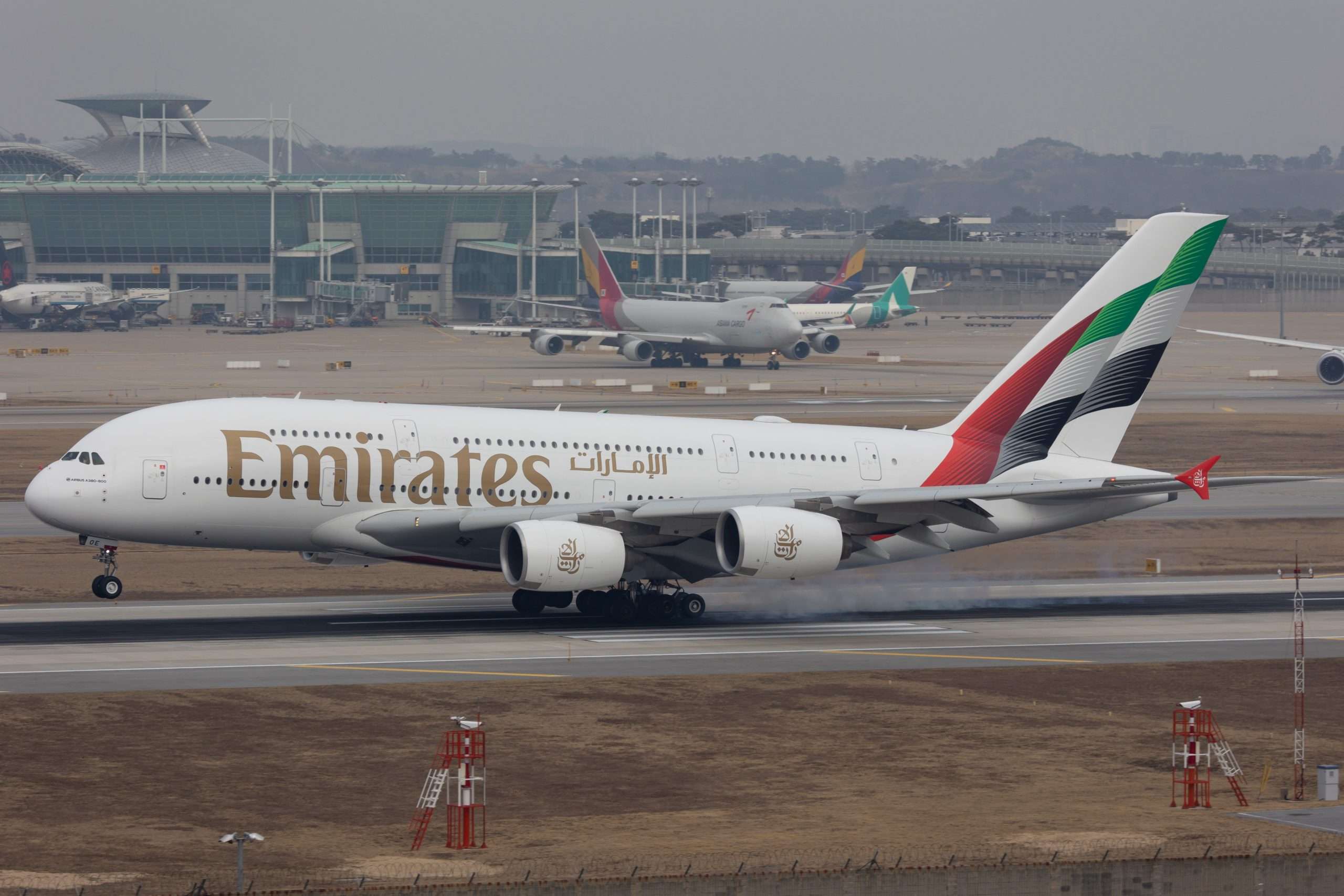 An Emirates Airbus A380 arrives into Incheon, South Korea