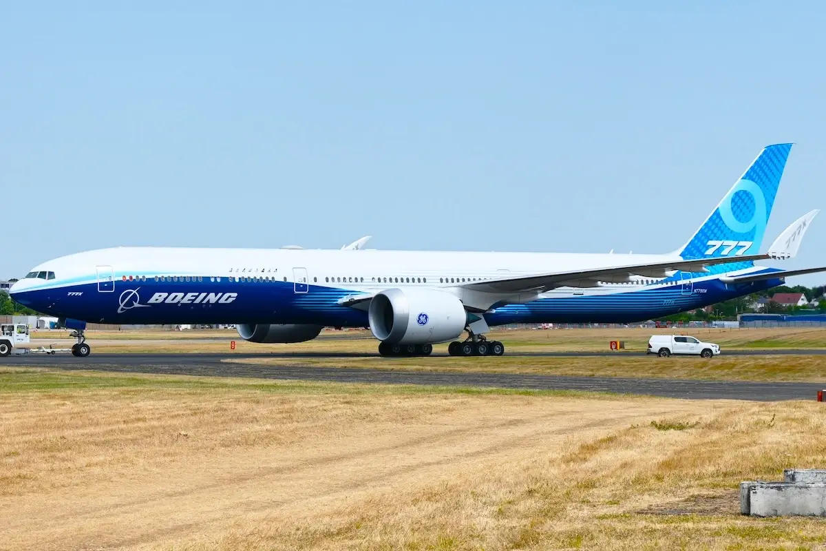 Boeing 777X aircraft was on exhibit at Farnborough Airport in the UK
