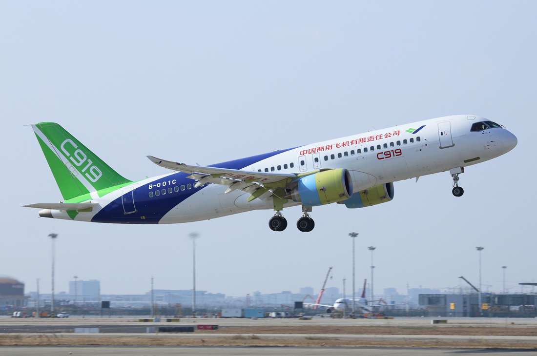 A Comac C919 departs Shanghai Pudong International Airport on its first flight registered as B-001C