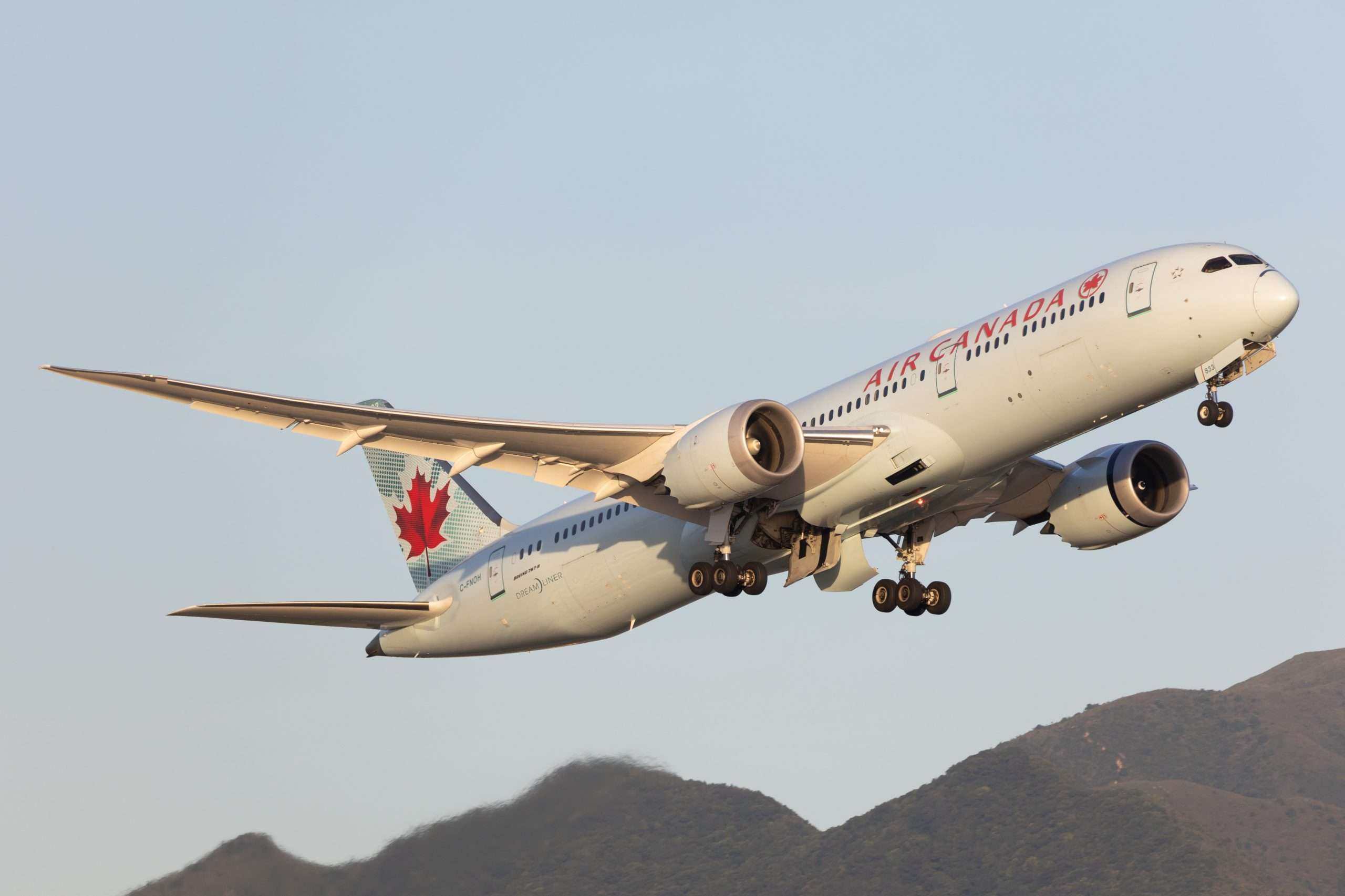 An Air Canada Boeing 787-9 Dreamliner departs Hong Kong bound for Vancouver