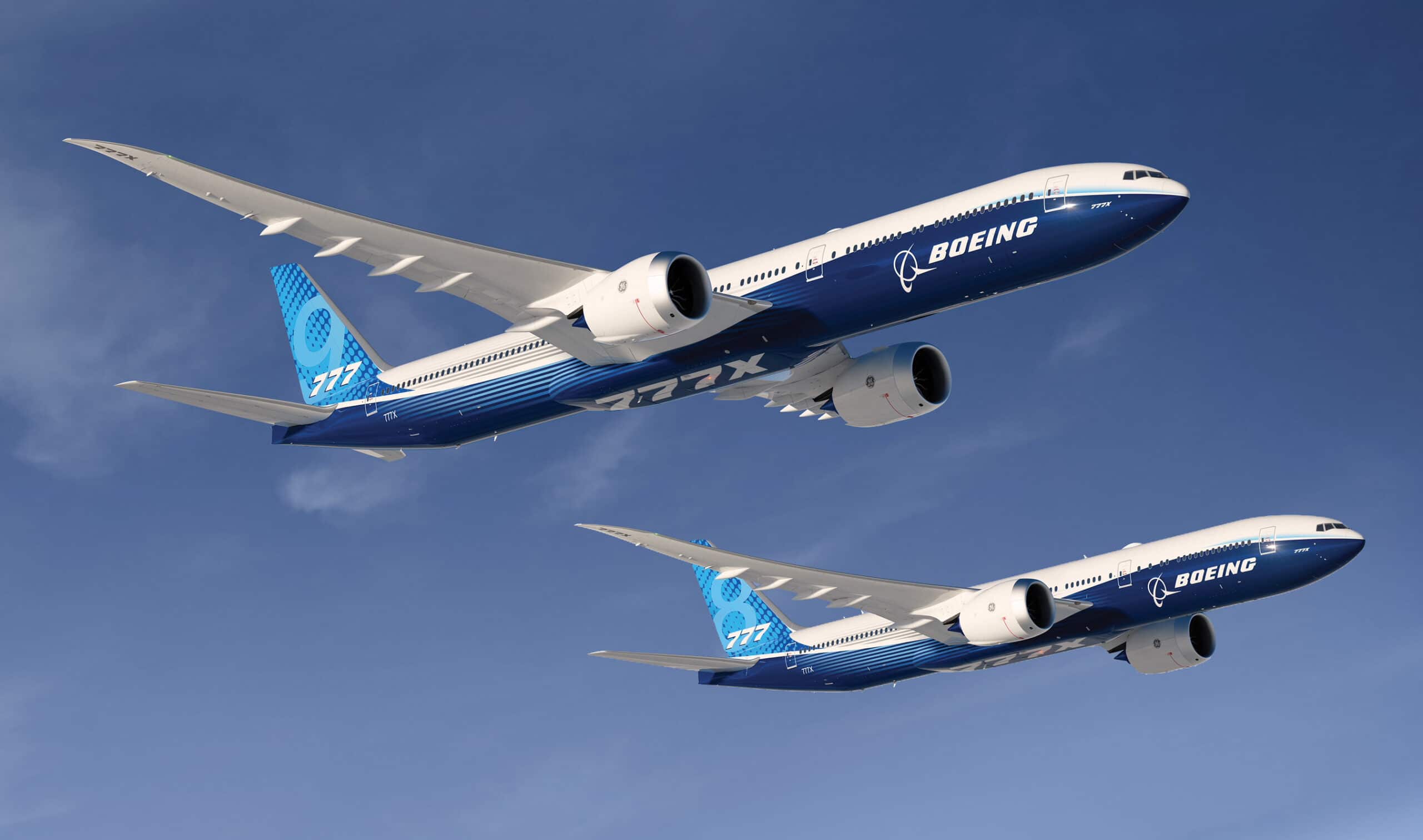 A Boeing 777-9 and Boeing 777-8 flying, both aircraft are part of the 777X family