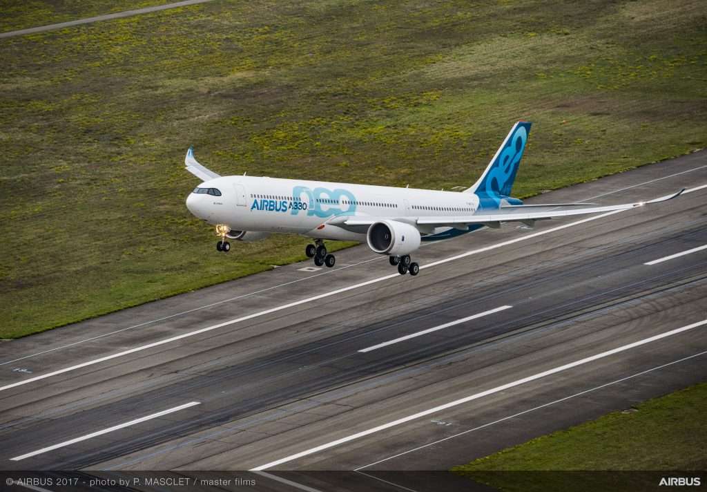 The Airbus A330neo operating its first flight