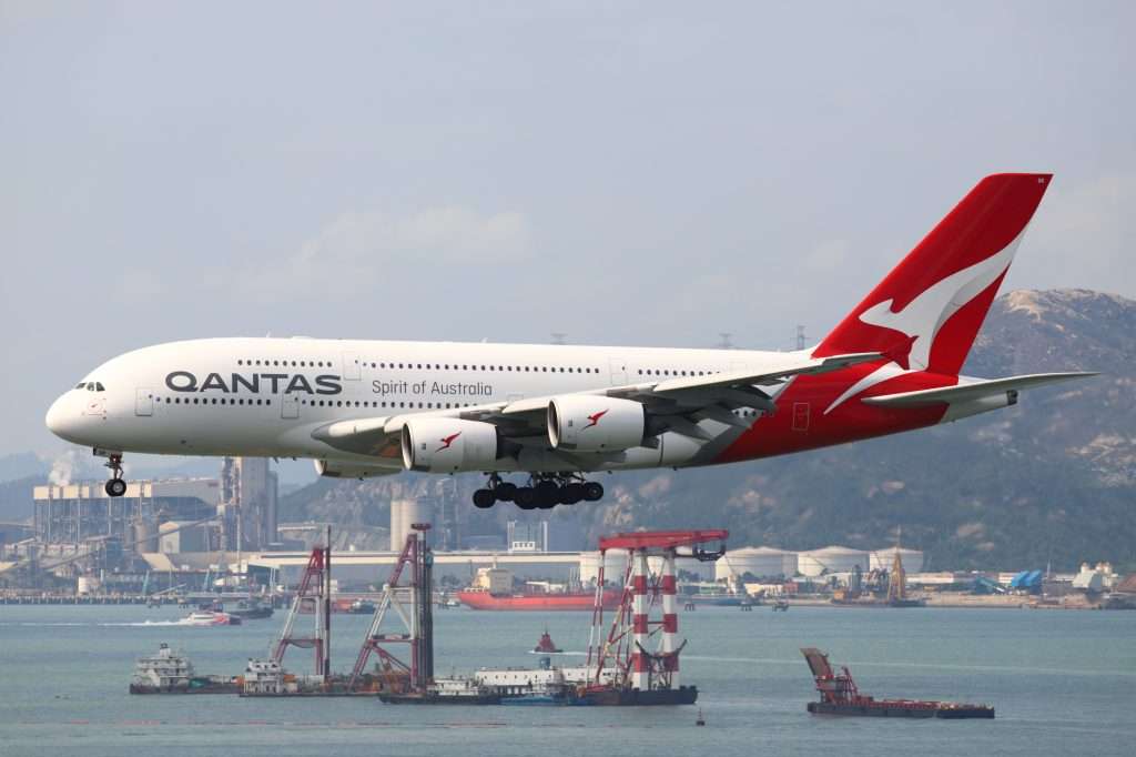 A Qantas Airbus A380-800 arriving into Hong Kong