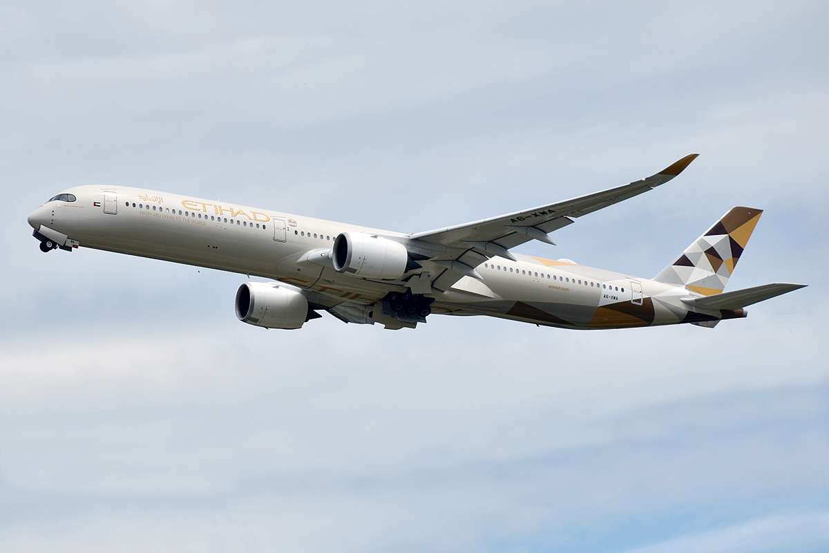 An Etihad Airways Airbus A350-1000 departs Zurich Airport