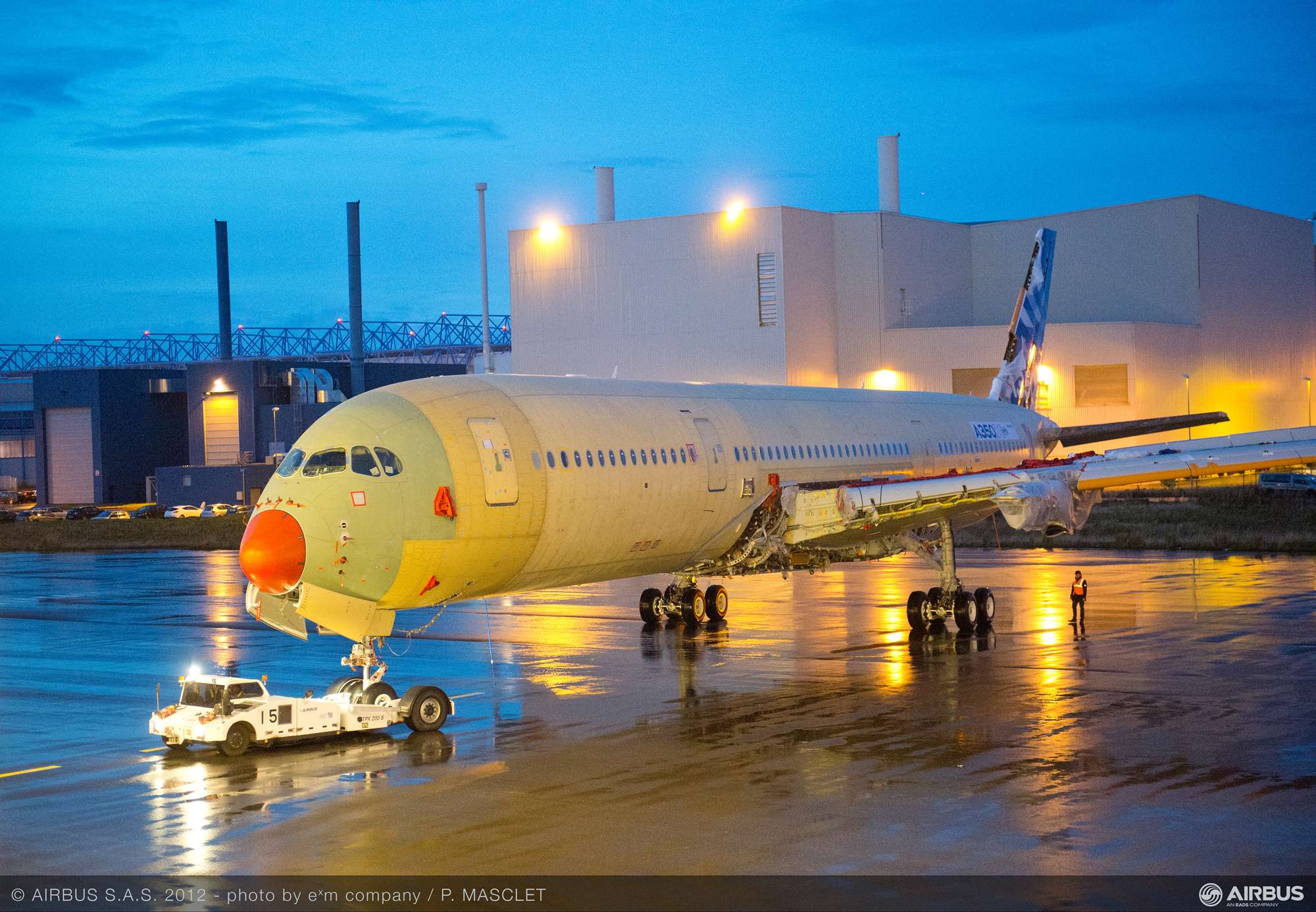 The first Airbus A350 being rolled to station 30 as it continues production.