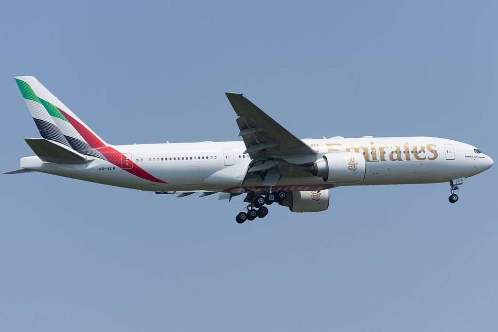 Emirates Boeing 777-200ER wearing the new livery arriving into Beijing