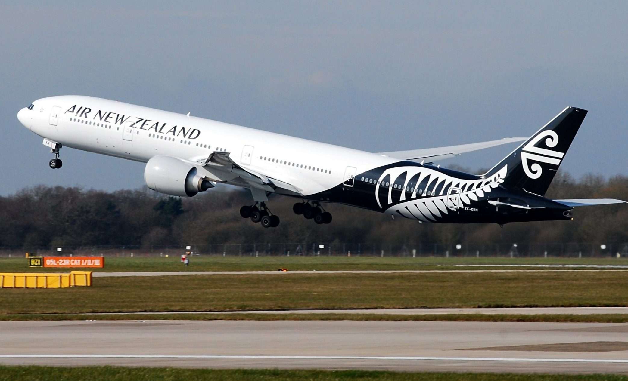 An Air New Zealand Boeing 777-300ER departing Manchester Airport