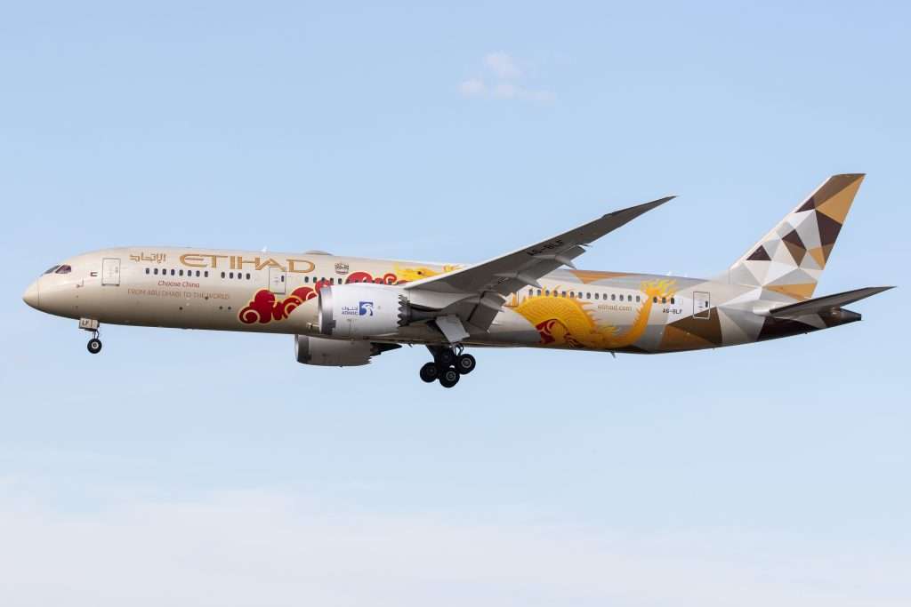 An Etihad Airways Boeing 787 Dreamliner arrives into Frankfurt
