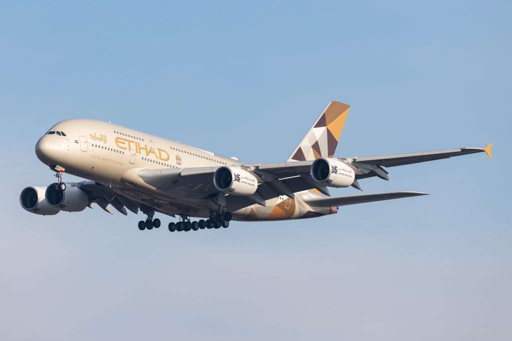 An Etihad Airways Airbus A380 arriving into London Heathrow