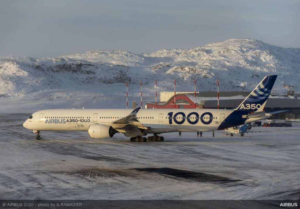An Airbus A350-1000 during cold weather testing