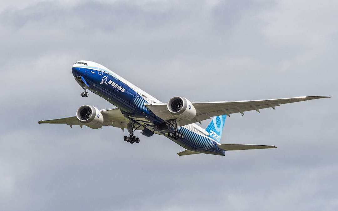 A Boeing 777X completing test flights
