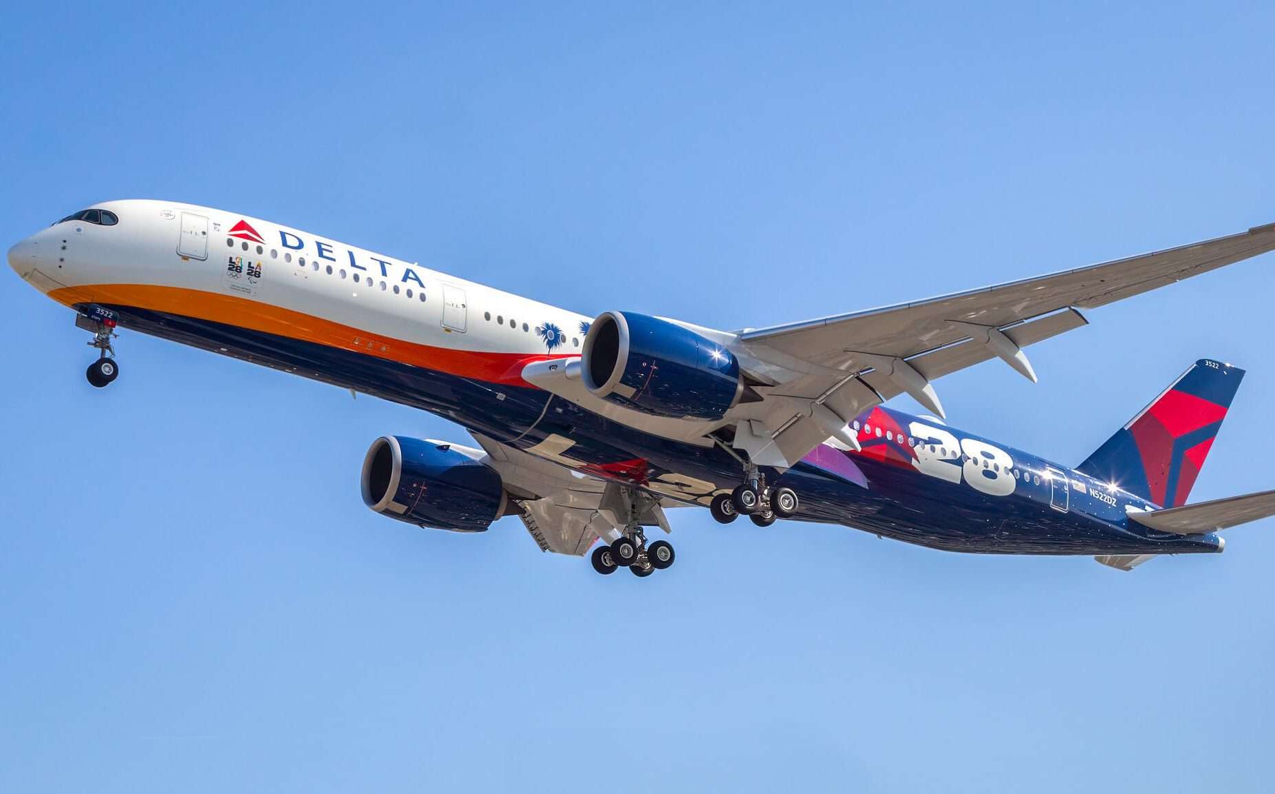 A Delta Airbus A350 wearing the LA28 special livery