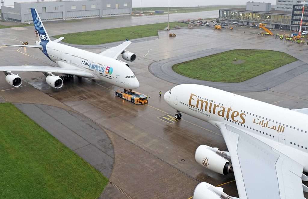 An Emirates Airbus A380 and Airbus A380 with the planemaker in Toulouse