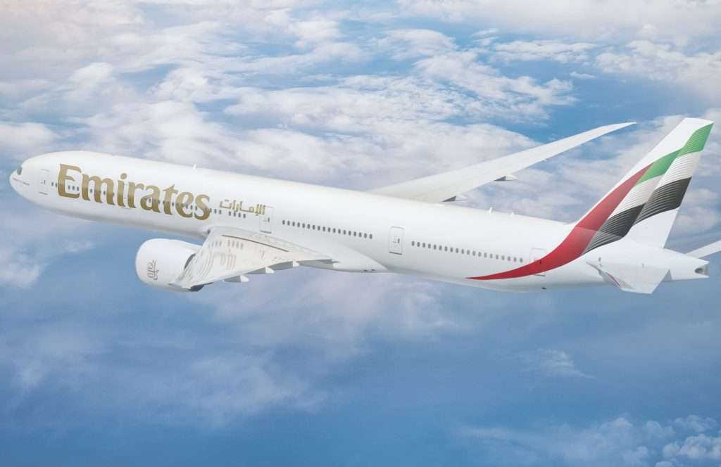 An Emirates Boeing 777-300ER wearing the new livery