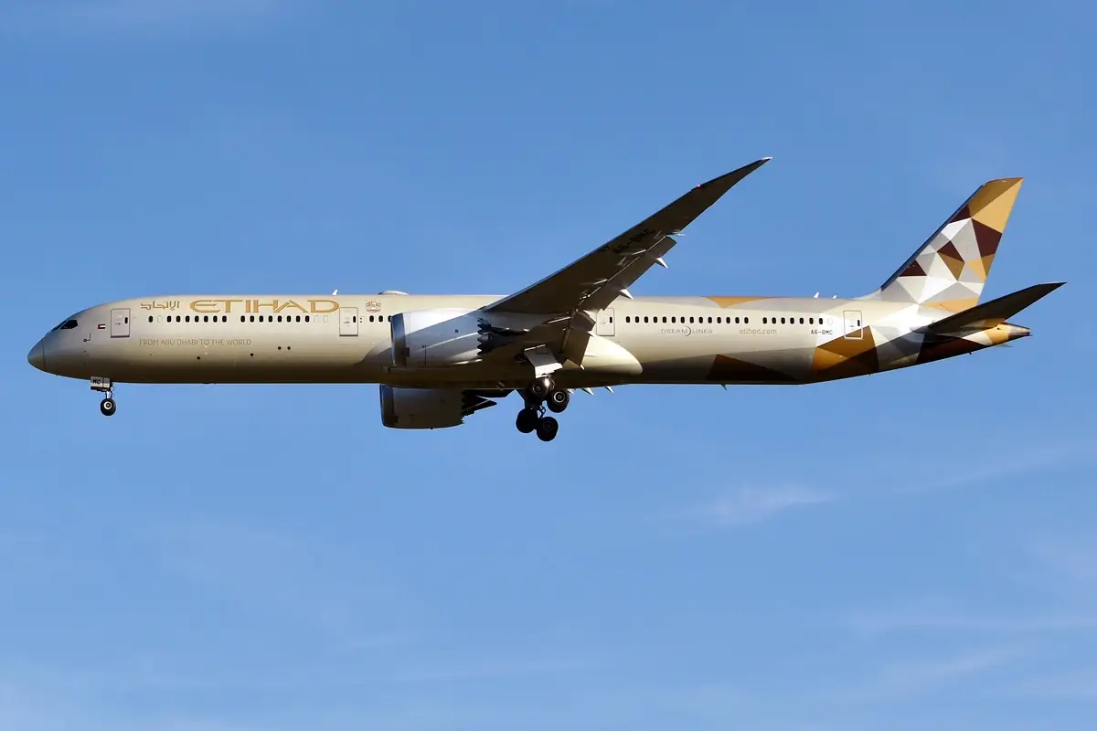 An Etihad Airways Boeing 787 Dreamliner that'll eventually fly to Charlotte