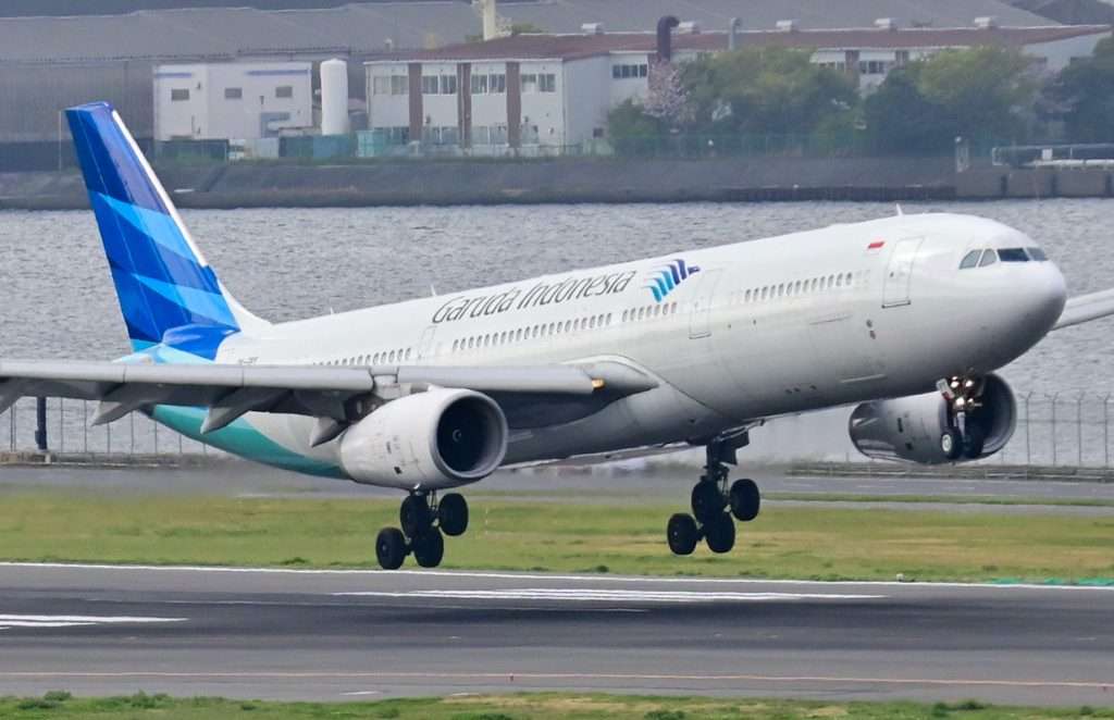 A Garuda Indonesia Airbus A330 arrives in Tokyo