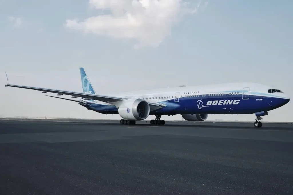 A Boeing 777X at the 2023 Dubai International Airshow