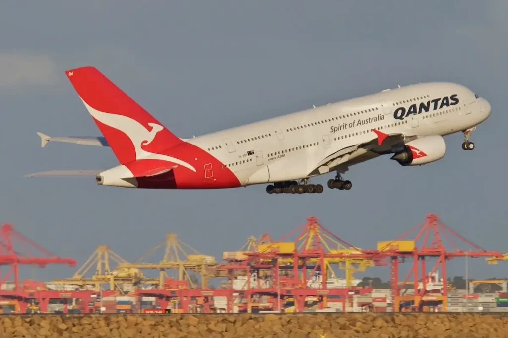 A Qantas Airbus a380 departs Sydney