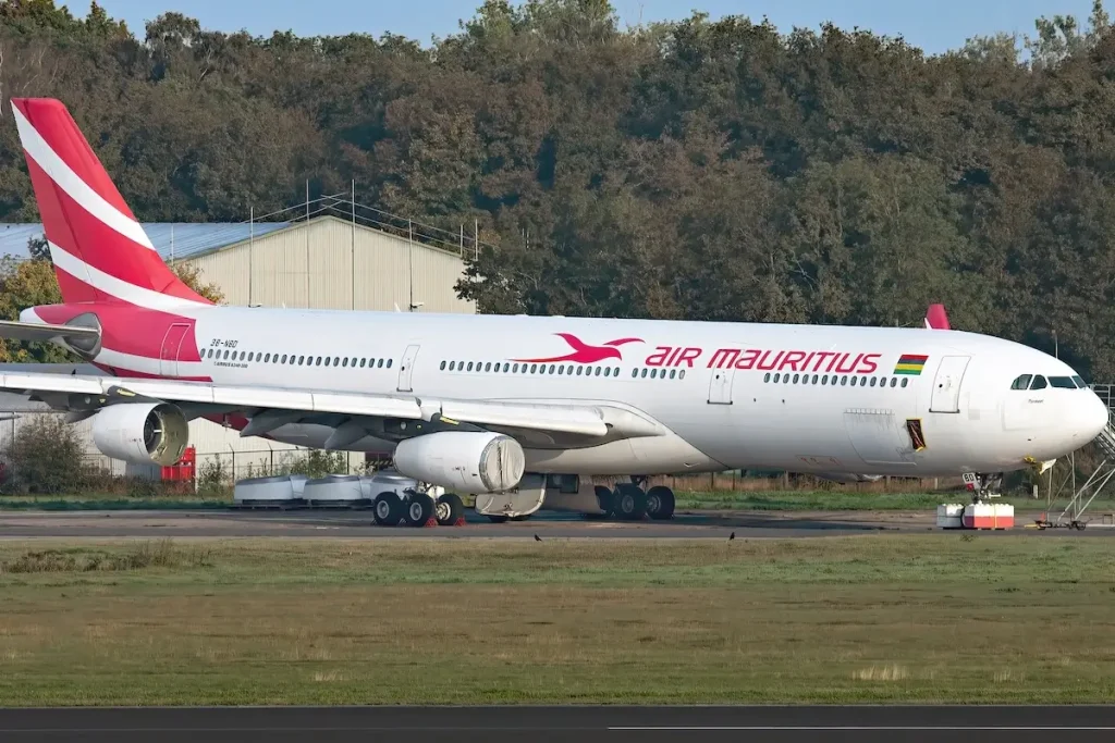 An Air Mauritius Airbus A340-300 parked in storage