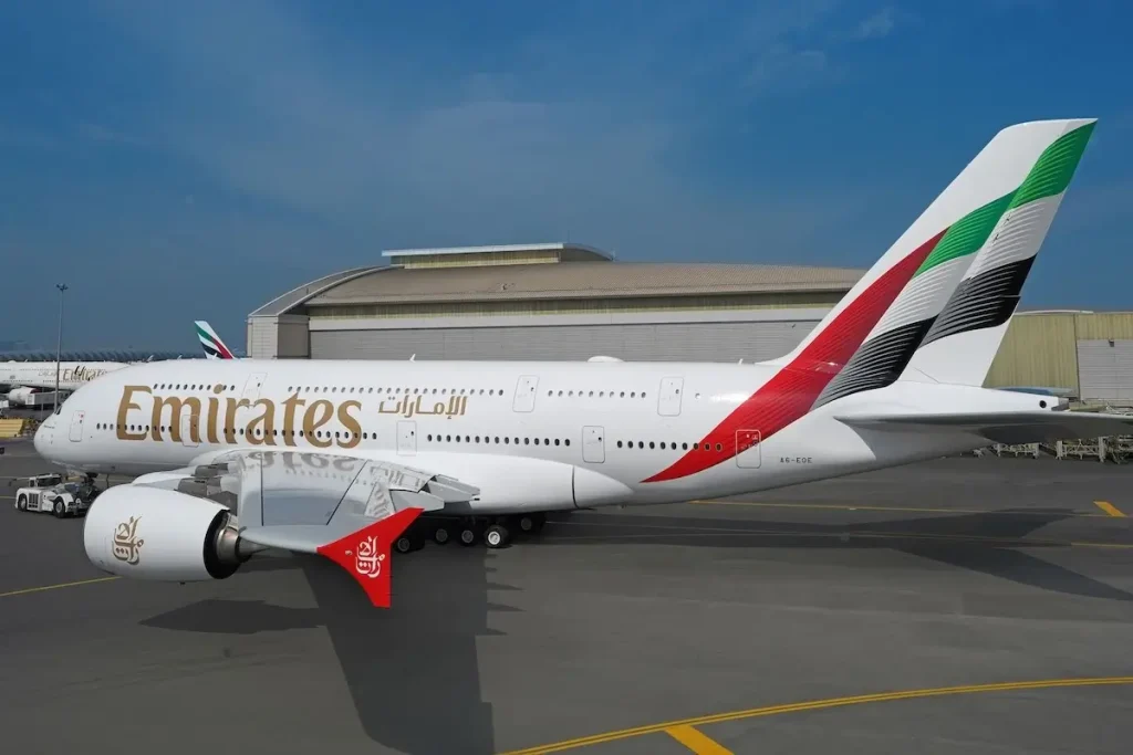 The Emirates Airbus A380-800 wearing the new livery