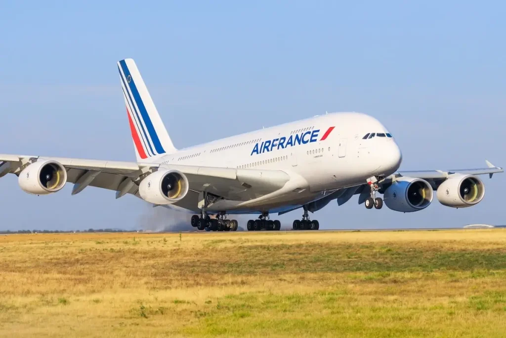 Airbus a380 from Air France landing at Paris Airport.