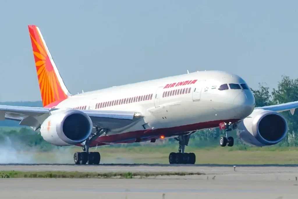 A Boeing 787 Dreamliner aircraft with Air India flight number VT-ANP makes its first landing at Moscow's Domodedovo airport,