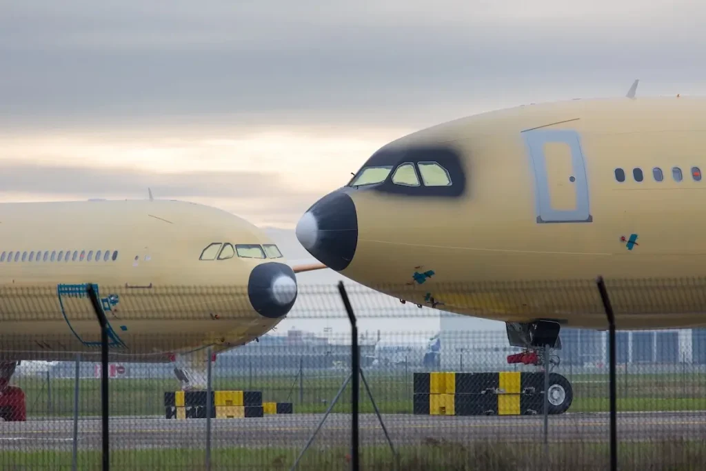 Passenger aircraft Airbus A330neo of TAP Portugal. Aircraft nose close-up.