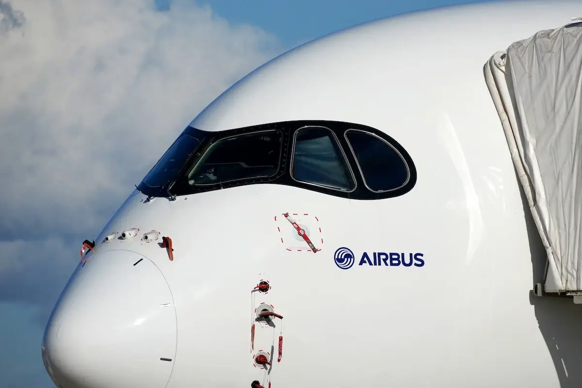An Airbus A350 flight test vehicle parked at the Airbus flight test center in Toulouse France