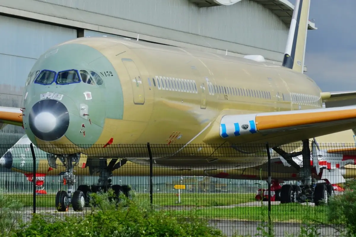 View of an Airbus A350 airplane in construction at the Airbus factory at the Toulouse Blagnac international airport (TLS)
