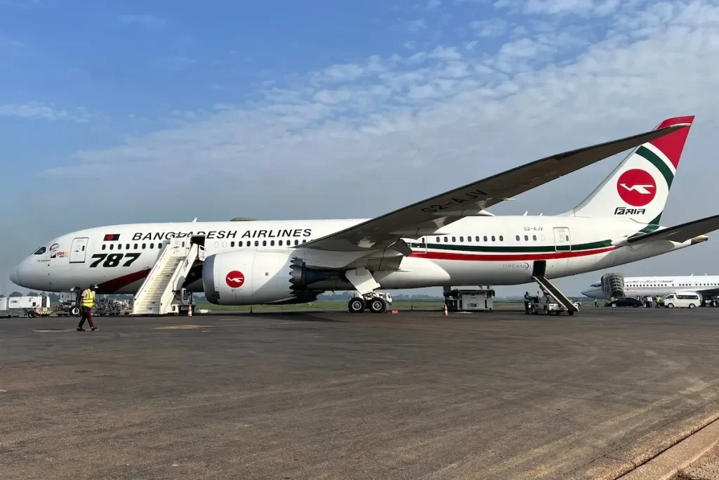 A Boeing 787 Dreamliner of Bangladesh Biman at the tarmac of Mpoko International Airport in CAR.