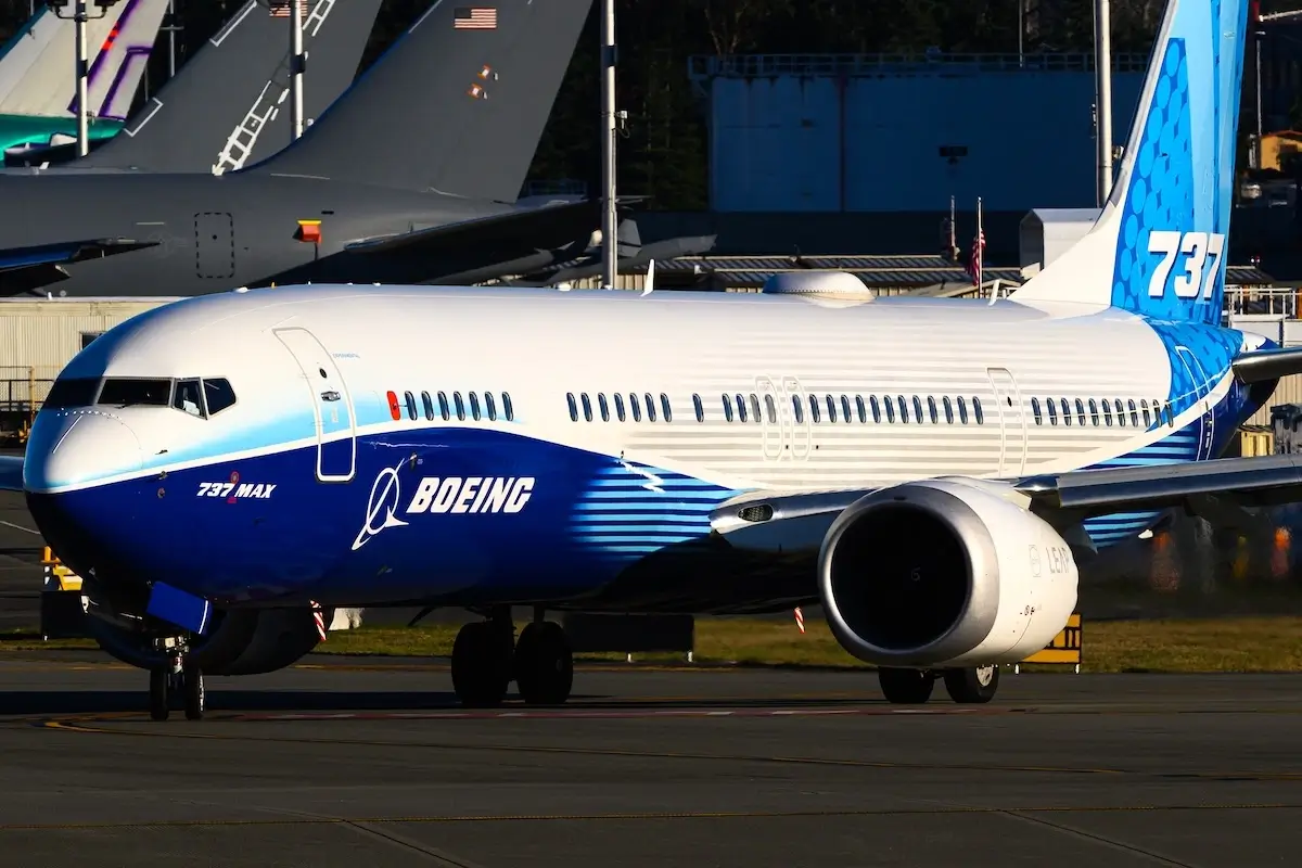 Boeing 737 MAX 10 aircraft taxiing in company colors at Paine Field factory