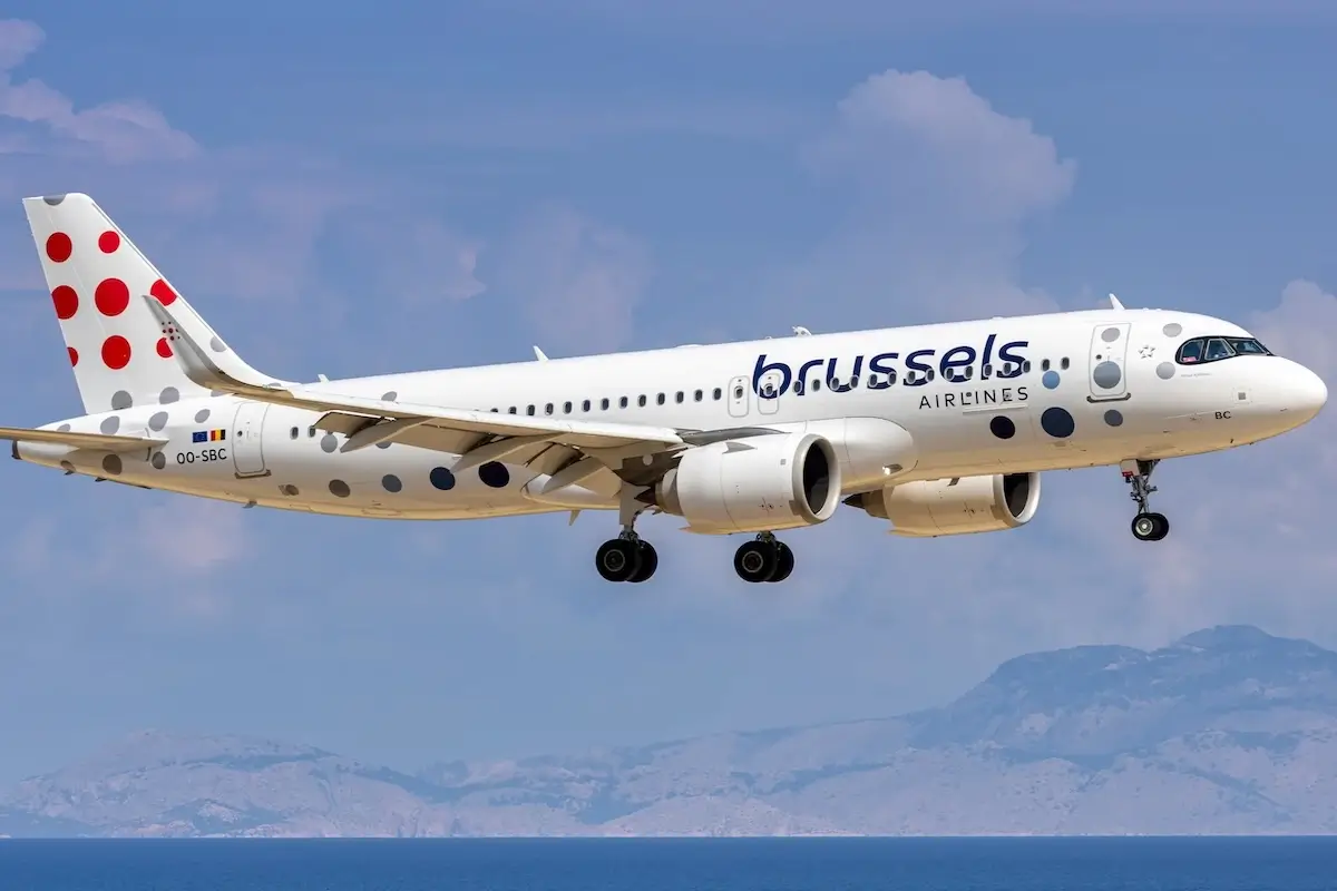 Brussels Airlines Airbus A320neo airplane at Rhodes airport in Greece.