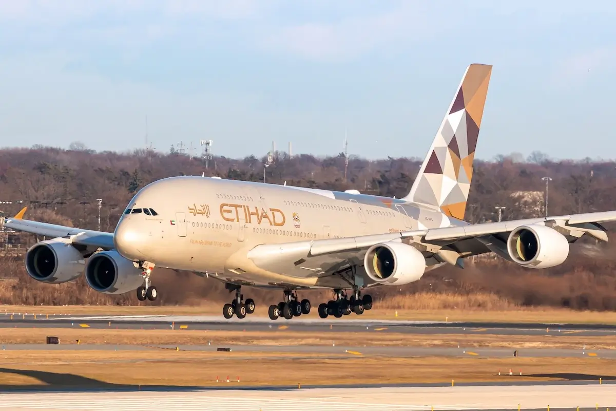 Etihad Airways Airbus A380-800 airplane at New York John F. Kennedy airport (JFK) in the USA. Airbus is an aircraft manufacturer based in Toulouse, France.