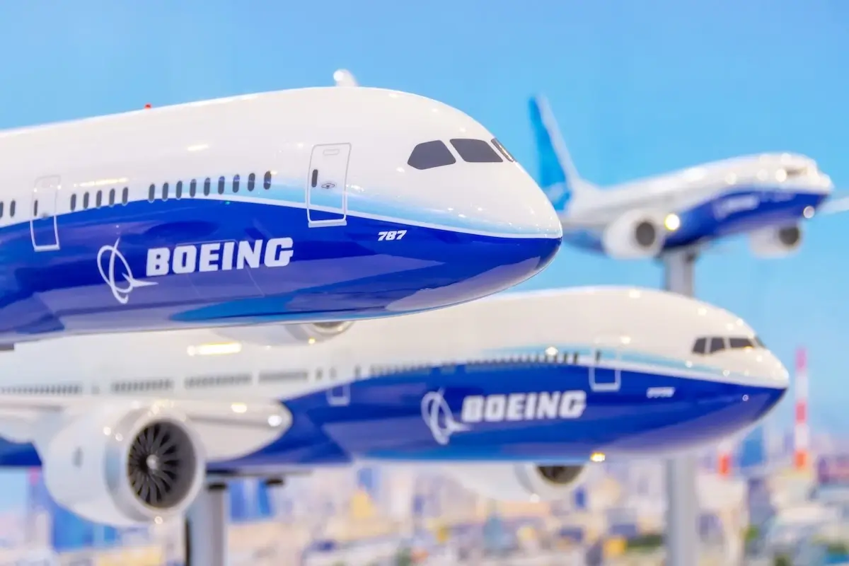 Boeing 787, 777X, 737 max airliner model dreamliner at the stand of the company corporation