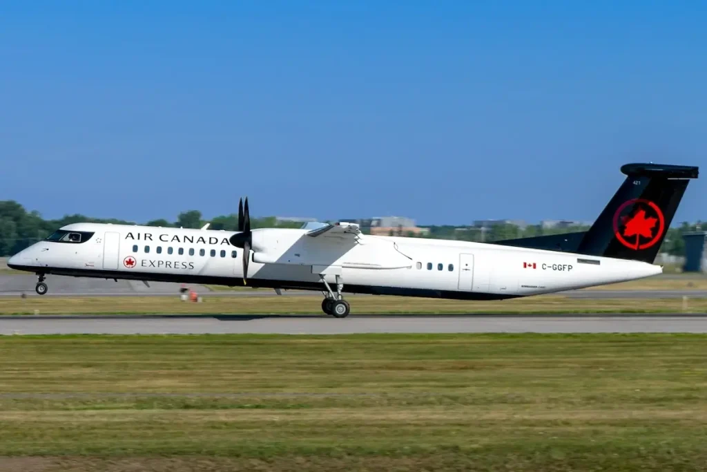A Bombardier Dash 8 Q400 of Air Canada Express, operated by Jazz Aviation LP, takes off from Pierre Elliott Trudeau International Airport