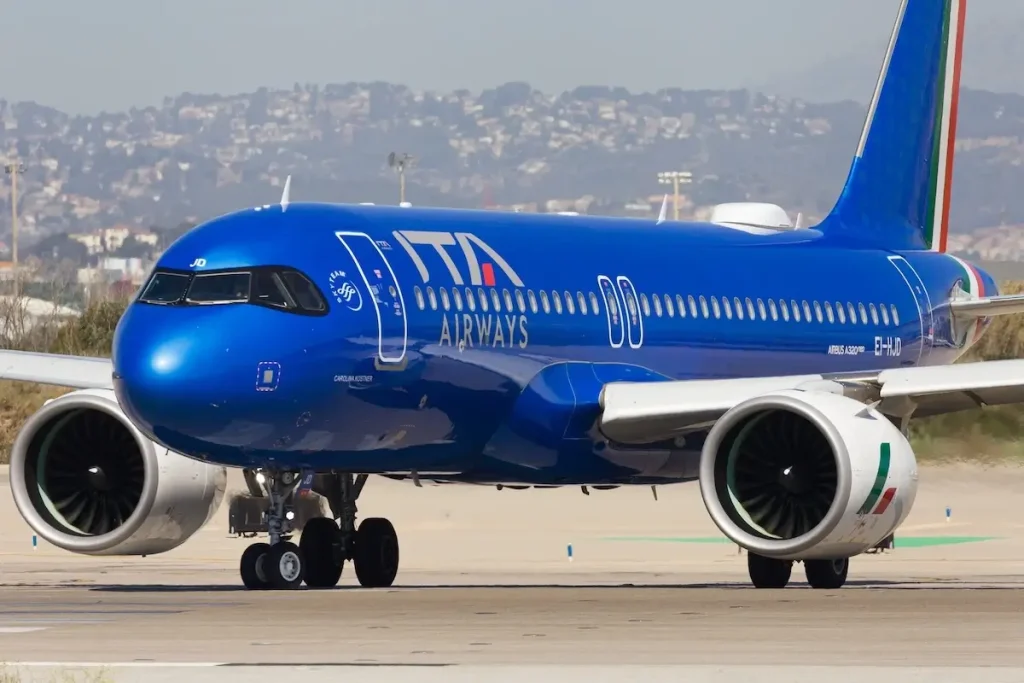 ITA Airways Airbus A320Neo on the taxiway at El Prat Airport in Barcelona, Spain.