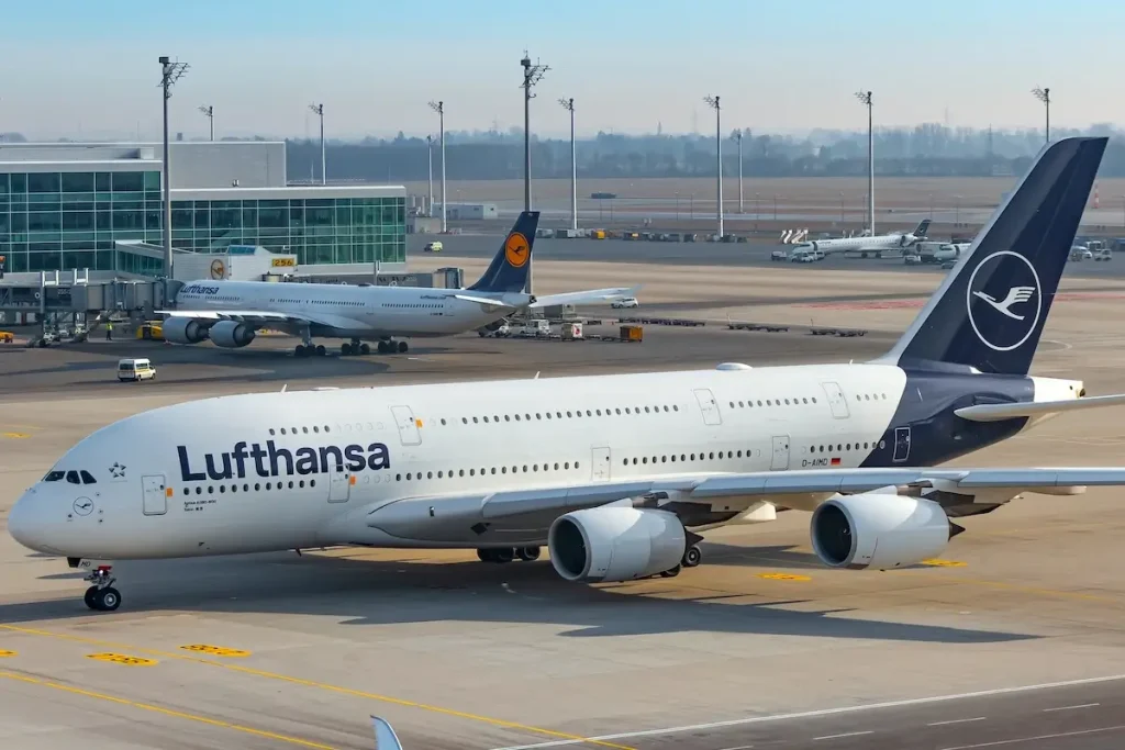Lufthansa Airbus A380 airplane at Munich airport (MUC) in Germany.