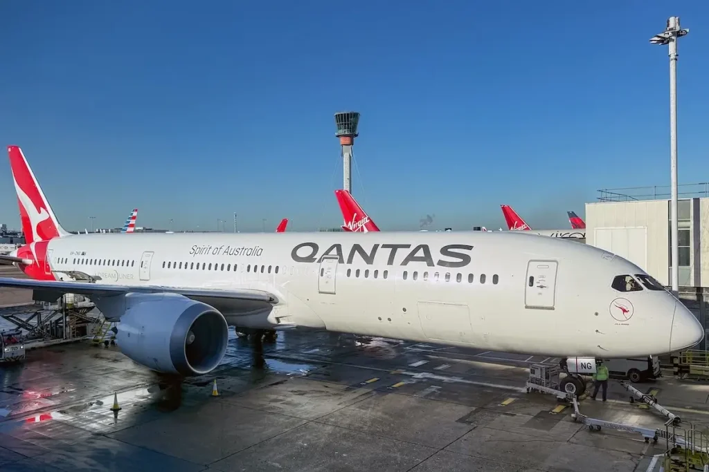 Boeing 787 jet (registration VH-ZNG,) operated by Australian airline Qantas at London Heathrow airport