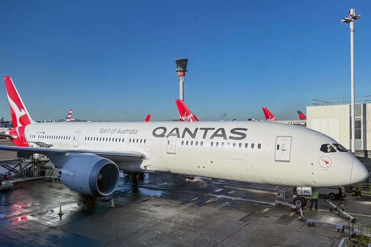 Boeing 787 jet (registration VH-ZNG,) operated by Australian airline Qantas at London Heathrow airport