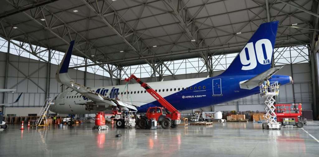 A GoFirst Airbus aircraft being scrapped by TARMAC Aerosave