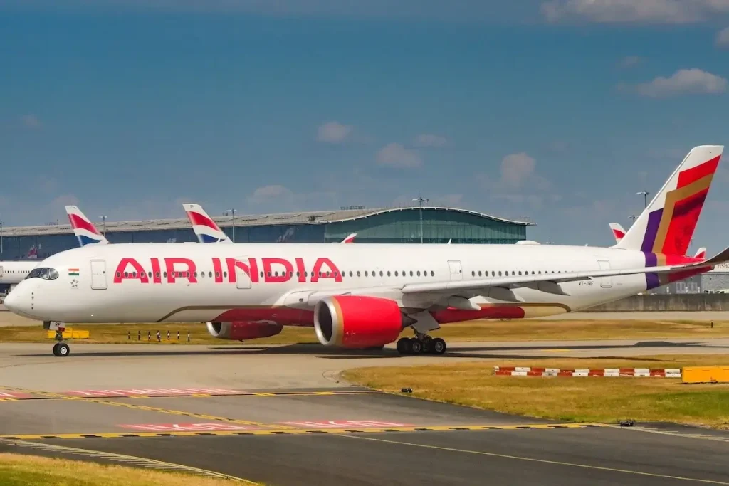 London, England, UK - 20 May 2025: Airbus A350 jet (registration VT-JRF) operated by Air India taxxing for take off at London Heathrow airport
