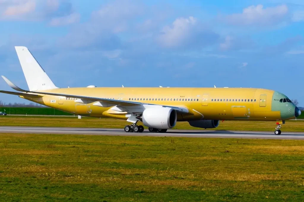 A350-900 landing at the Airbus Plant in Hamburg, Germany
